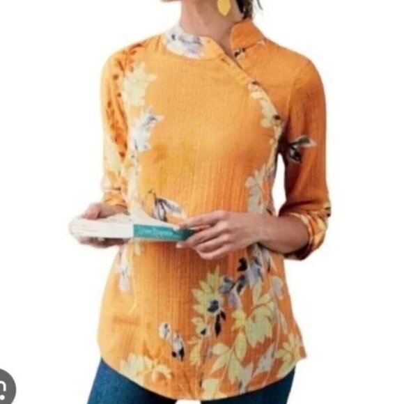 Soft Surroundings Pauleena Gauzy Orange Floral Asian Blouse Top Sz L Buttons - Picture 2 of 15